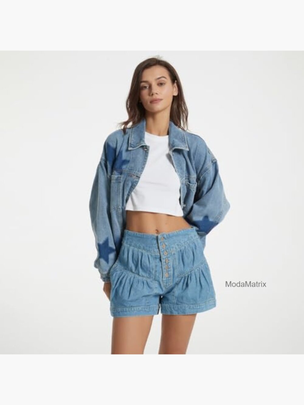 Oversized Boyfriend Denim Jacket with Leopard Stars Print Button Front Pockets - Picture 2 of 7
